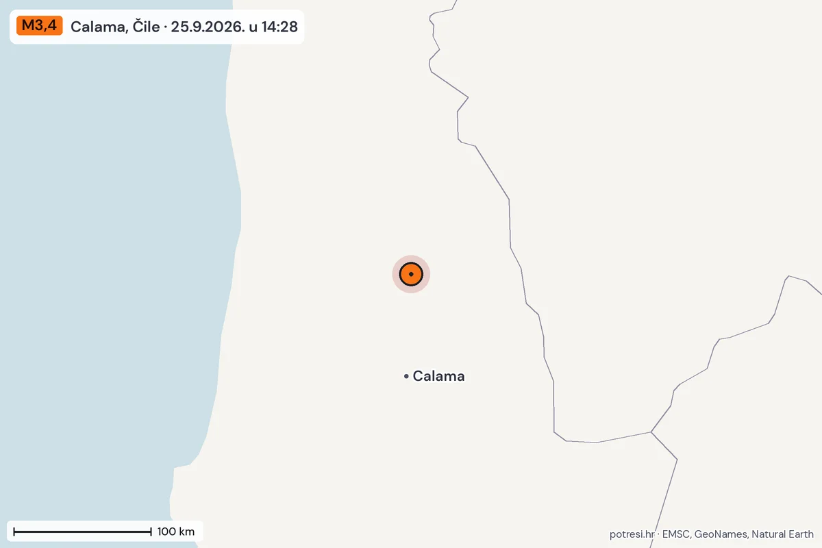 Karta: šire područje, 600 km, potres M3,4, Calama, Čile, 25.9.2026.
