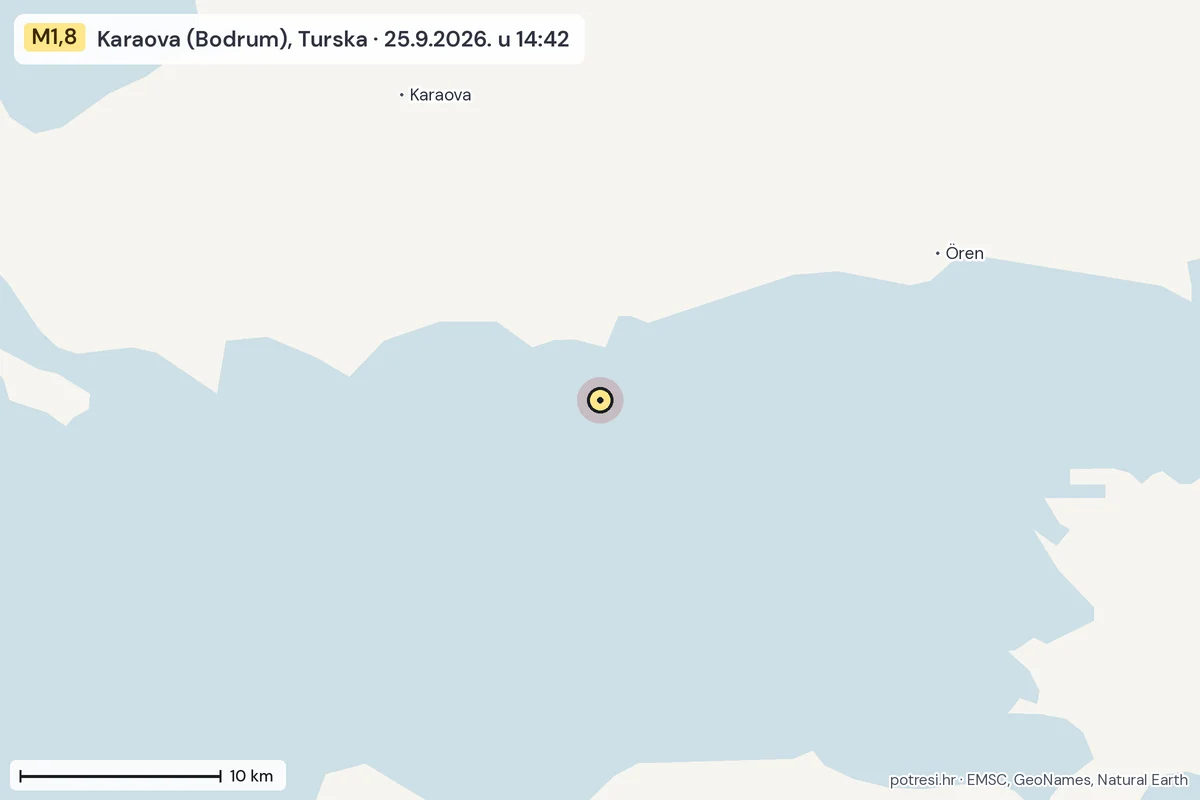 Karta: okolica epicentra, 60 km, potres M1,8, Karaova (Bodrum), Turska, 25.9.2026.