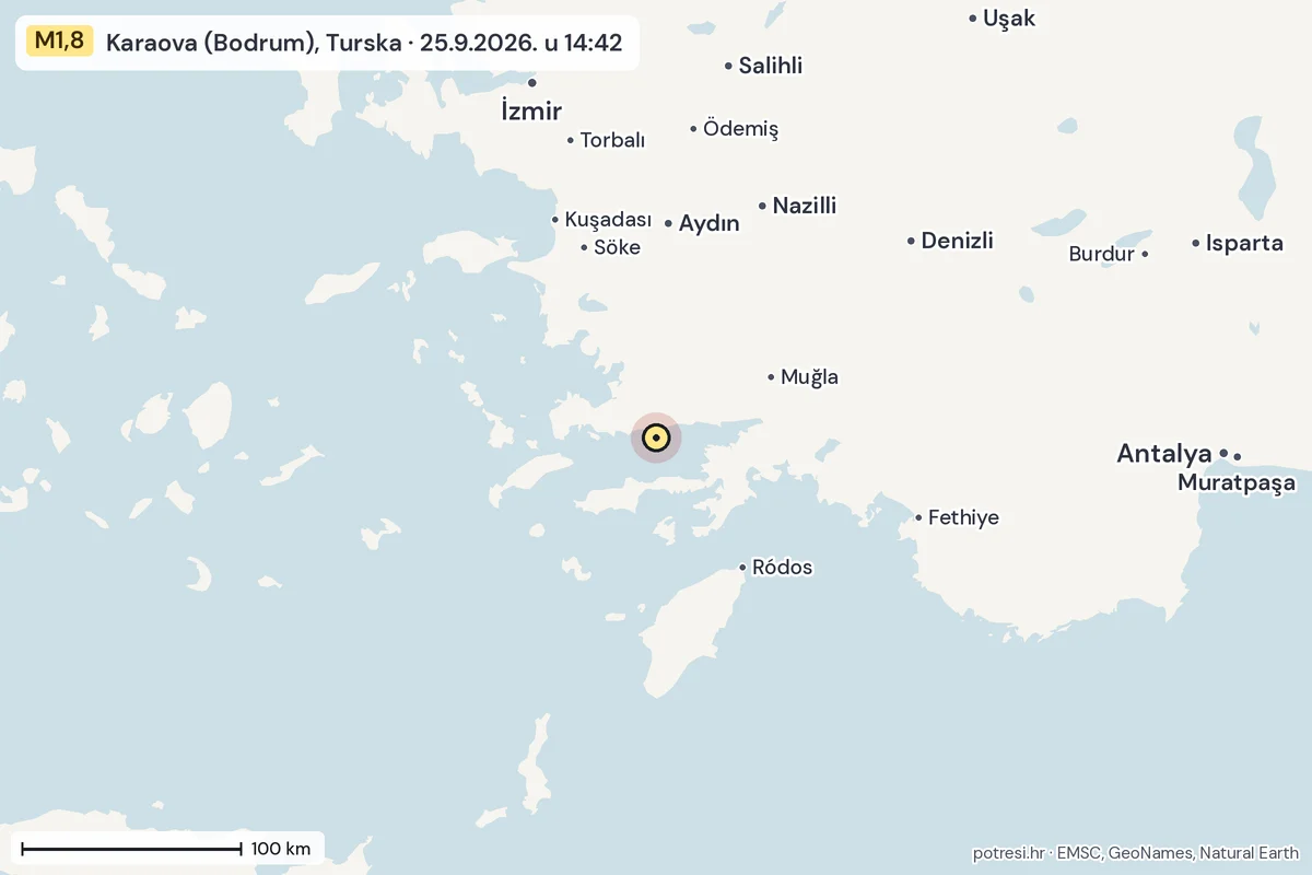 Karta: šire područje, 600 km, potres M1,8, Karaova (Bodrum), Turska, 25.9.2026.