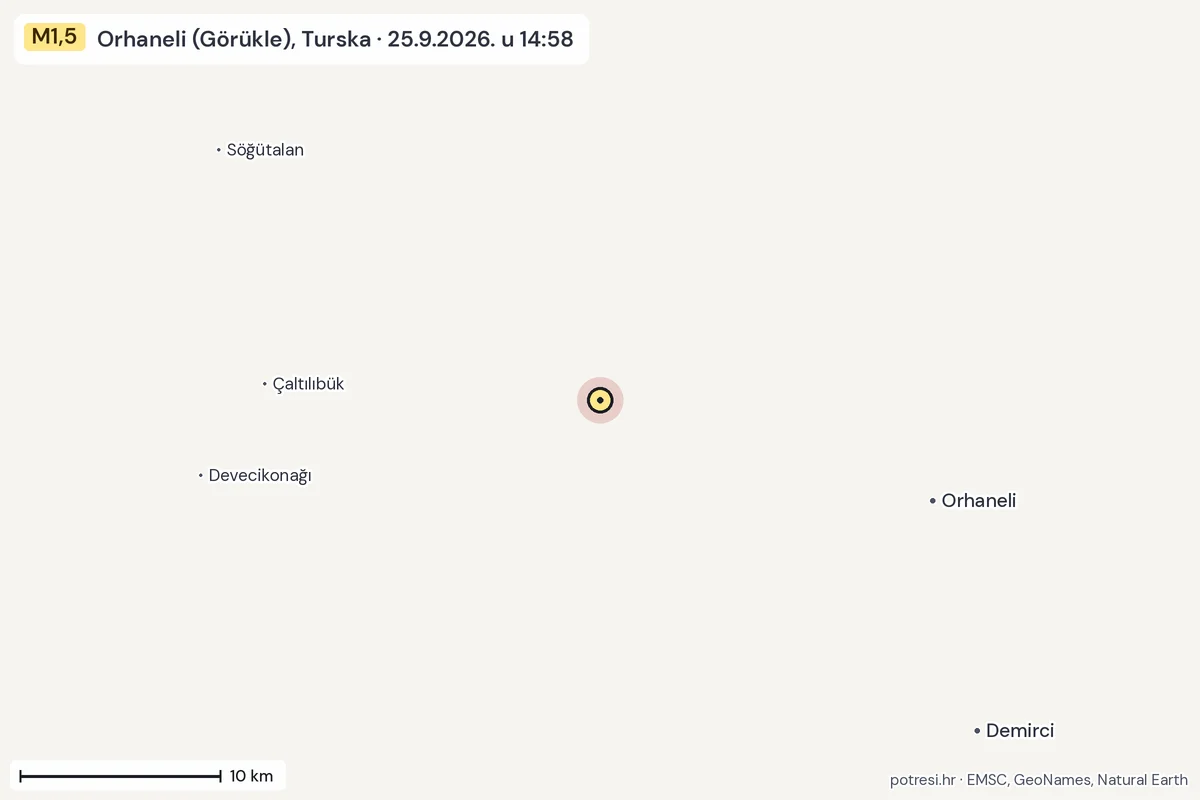 Karta: okolica epicentra, 60 km, potres M1,5, Orhaneli (Görükle), Turska, 25.9.2026.