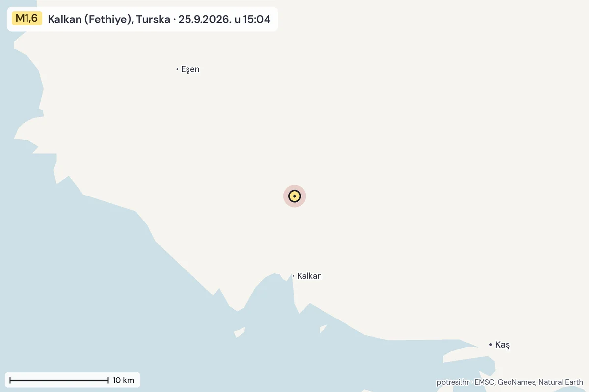 Karta: okolica epicentra, 60 km, potres M1,6, Kalkan (Fethiye), Turska, 25.9.2026.
