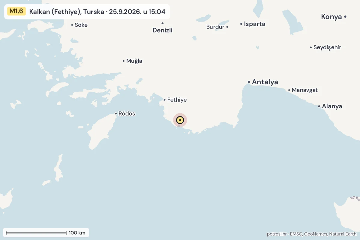 Karta: šire područje, 600 km, potres M1,6, Kalkan (Fethiye), Turska, 25.9.2026.