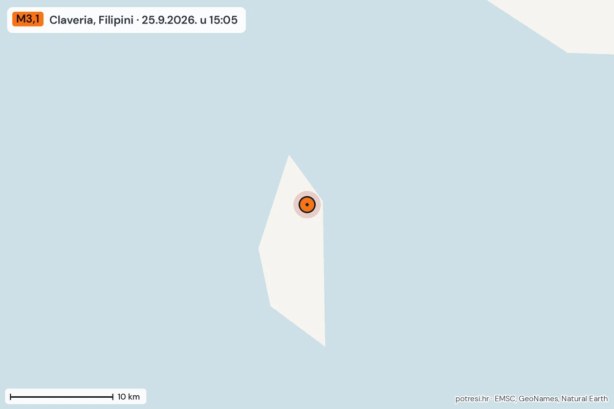 Karta: okolica epicentra, 60 km, potres M3,1, Claveria, Filipini, 25.9.2026.