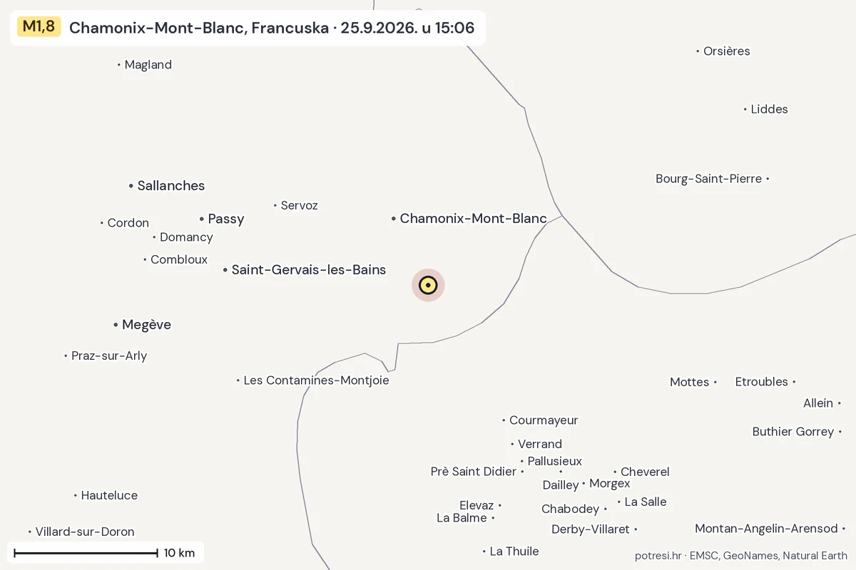 Karta: okolica epicentra, 60 km, potres M1,8, Chamonix-Mont-Blanc, Francuska, 25.9.2026.