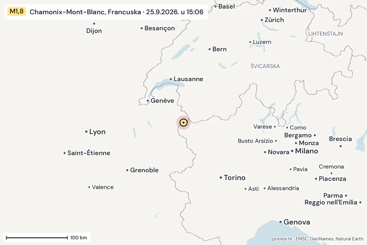 Karta: šire područje, 600 km, potres M1,8, Chamonix-Mont-Blanc, Francuska, 25.9.2026.