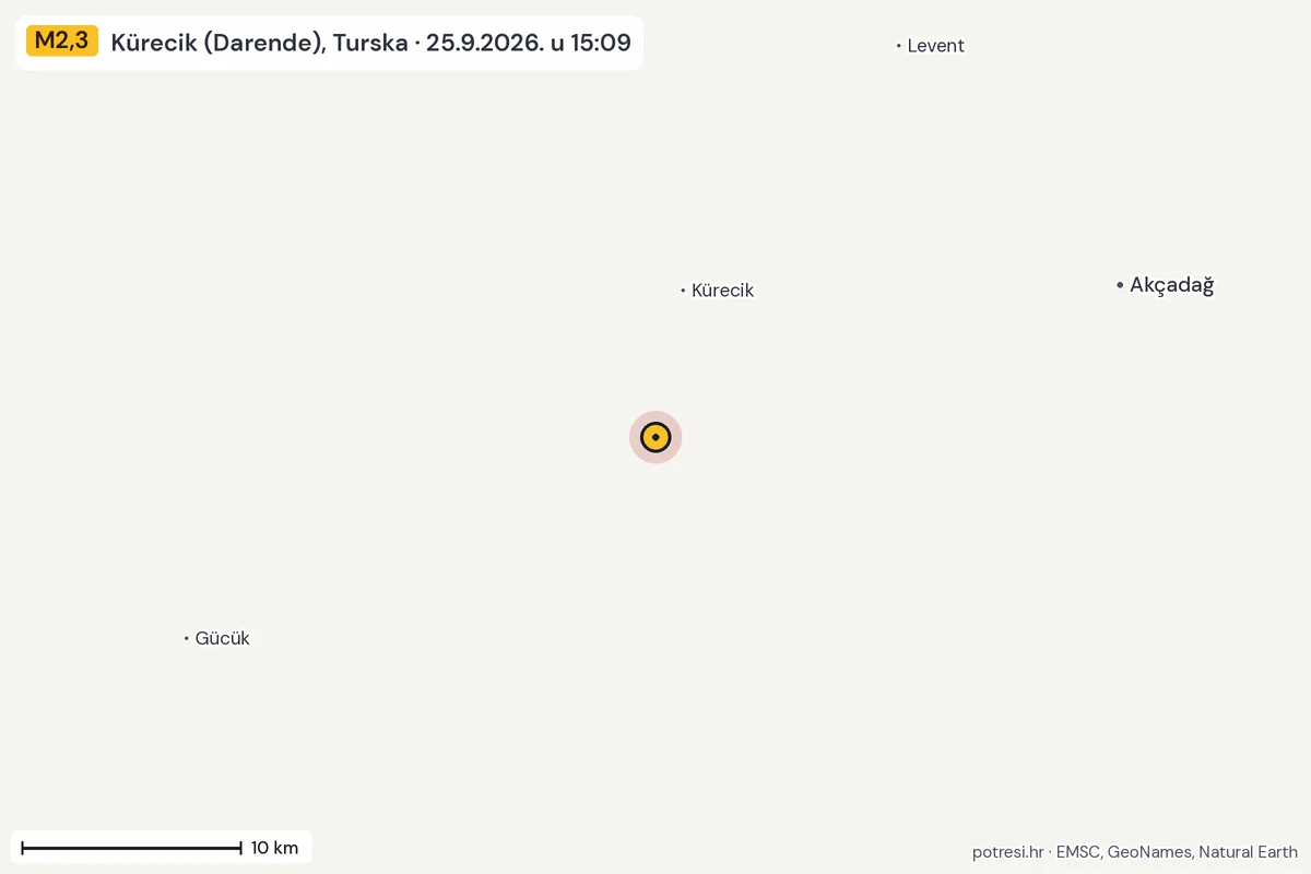 Karta: okolica epicentra, 60 km, potres M2,3, Kürecik (Darende), Turska, 25.9.2026.