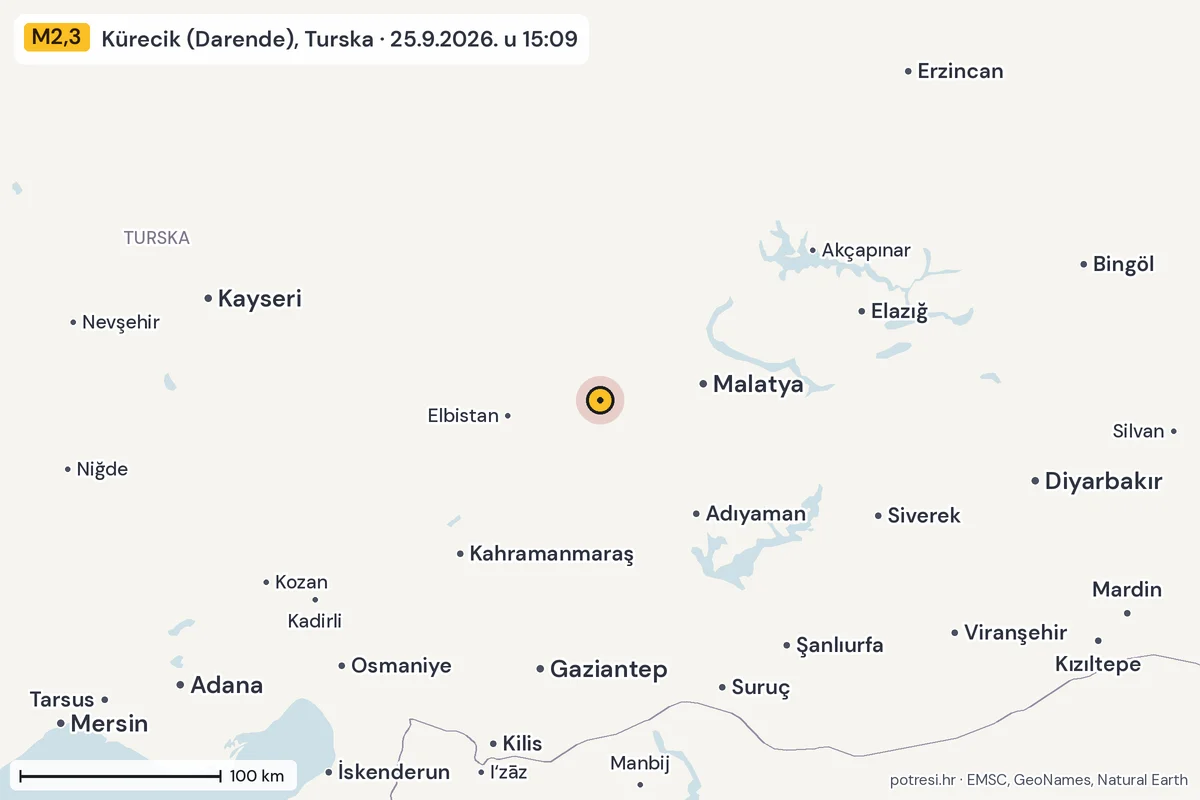 Karta: šire područje, 600 km, potres M2,3, Kürecik (Darende), Turska, 25.9.2026.