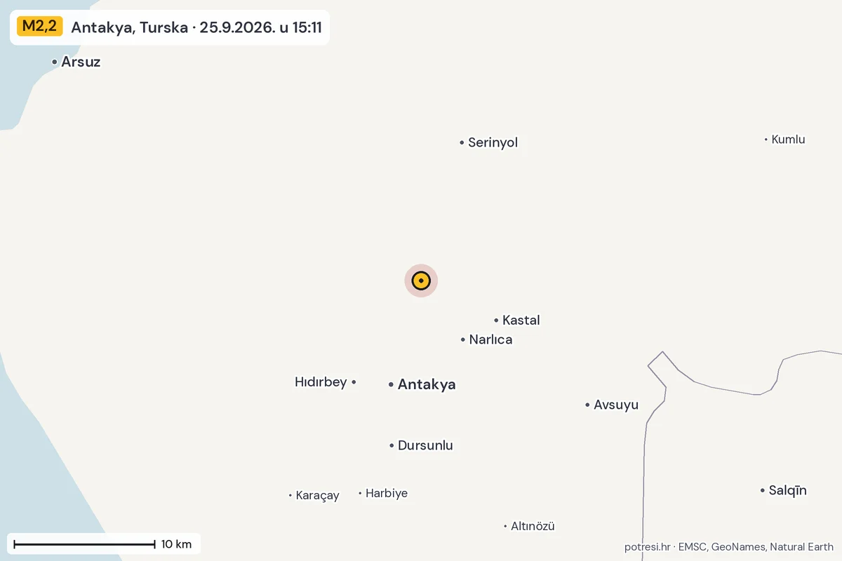 Karta: okolica epicentra, 60 km, potres M2,2, Antakya, Turska, 25.9.2026.
