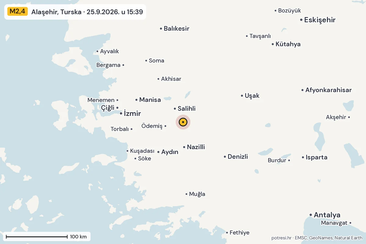 Karta: šire područje, 600 km, potres M2,4, Alaşehir, Turska, 25.9.2026.