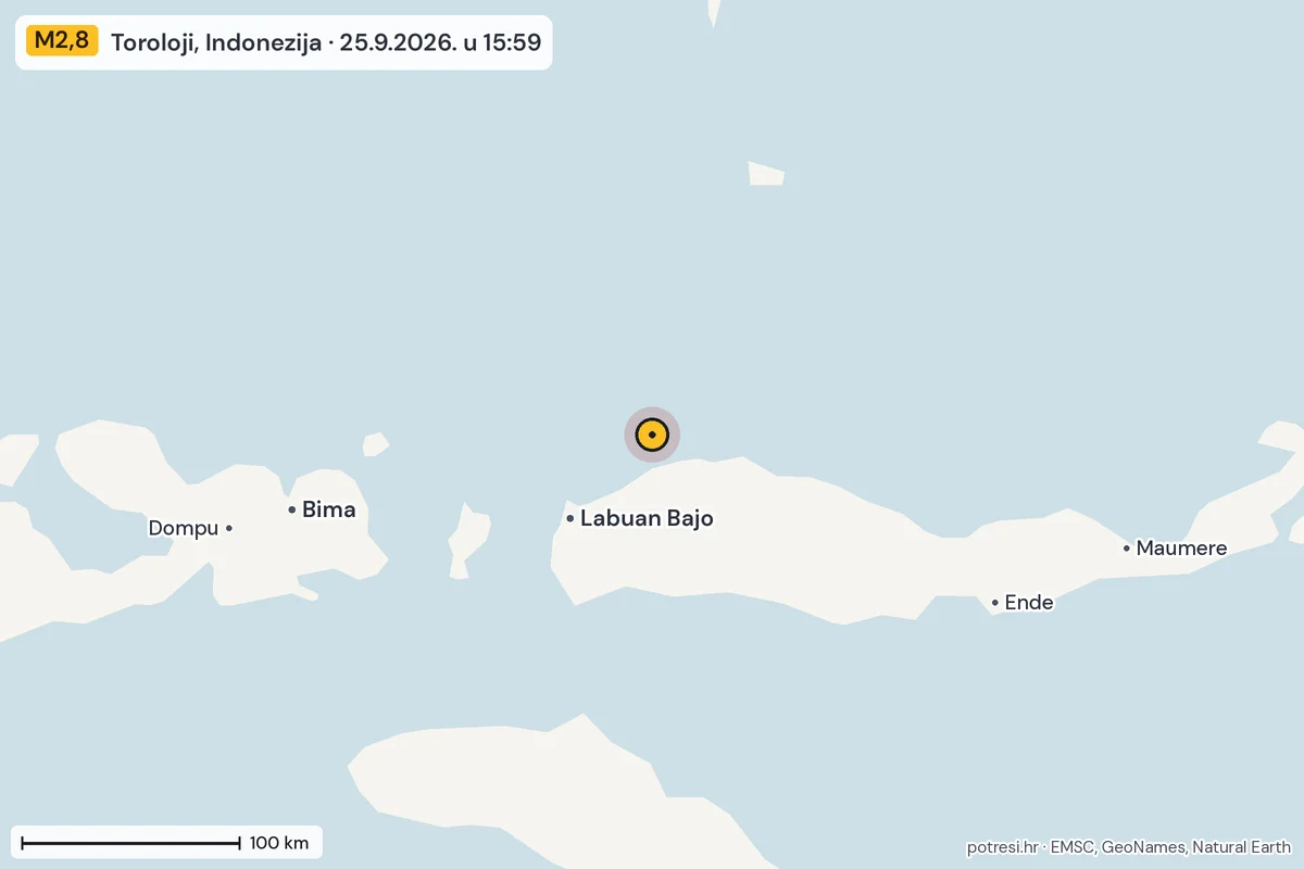 Karta: šire područje, 600 km, potres M2,8, Toroloji, Indonezija, 25.9.2026.