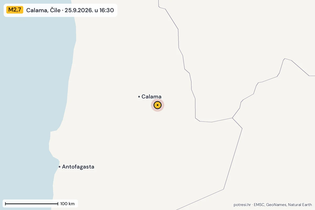 Karta: šire područje, 600 km, potres M2,7, Calama, Čile, 25.9.2026.