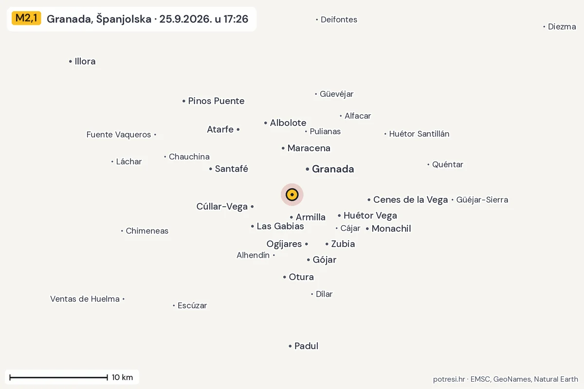 Karta: okolica epicentra, 60 km, potres M2,1, Granada, Španjolska, 25.9.2026.