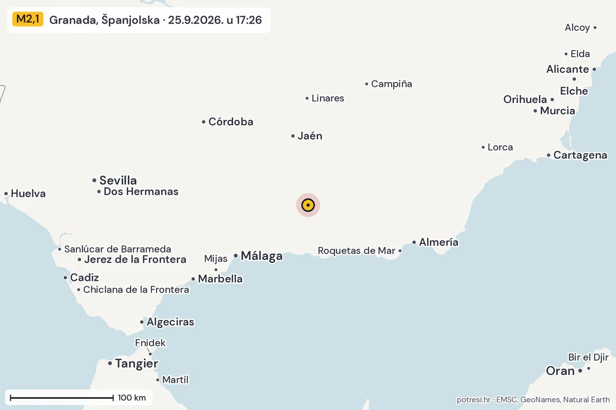 Karta: šire područje, 600 km, potres M2,1, Granada, Španjolska, 25.9.2026.