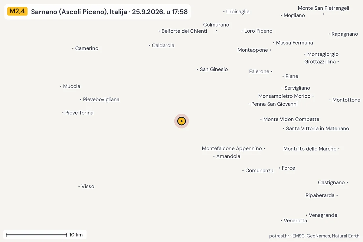 Karta: okolica epicentra, 60 km, potres M2,4, Sarnano (Ascoli Piceno), Italija, 25.9.2026.