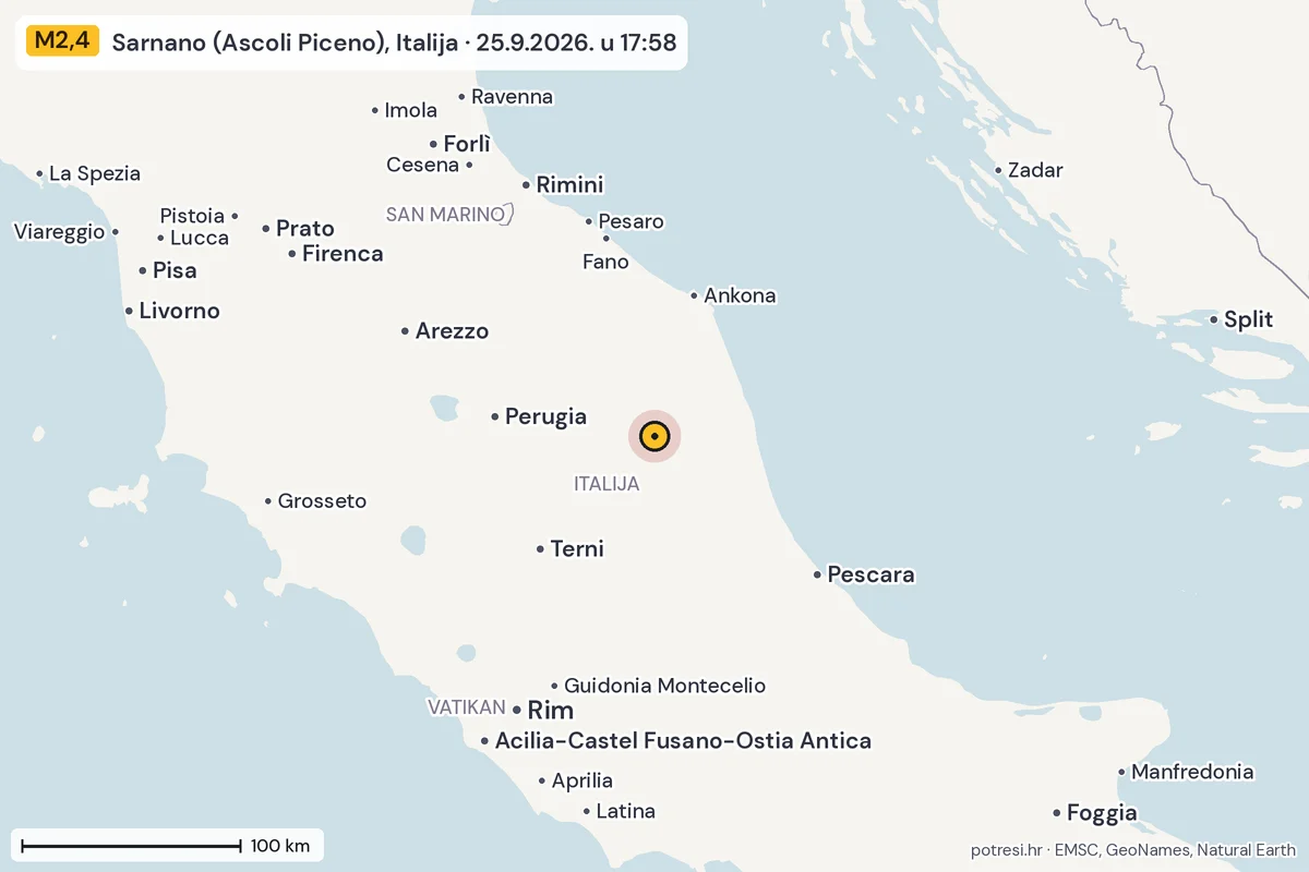 Karta: šire područje, 600 km, potres M2,4, Sarnano (Ascoli Piceno), Italija, 25.9.2026.