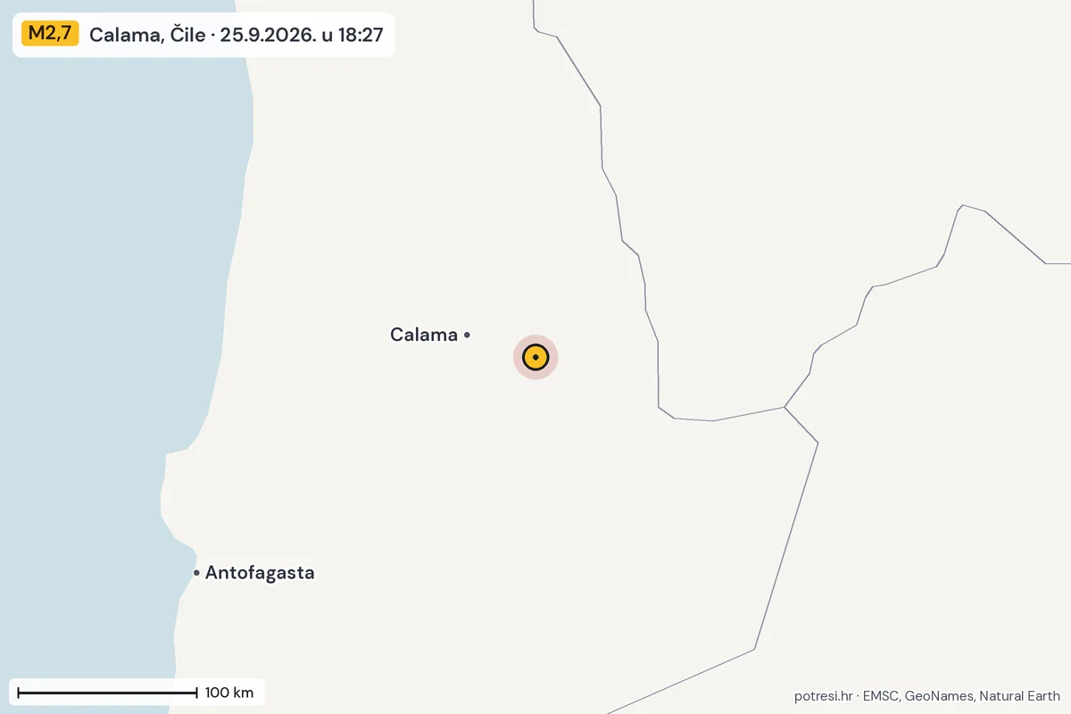 Karta: šire područje, 600 km, potres M2,7, Calama, Čile, 25.9.2026.