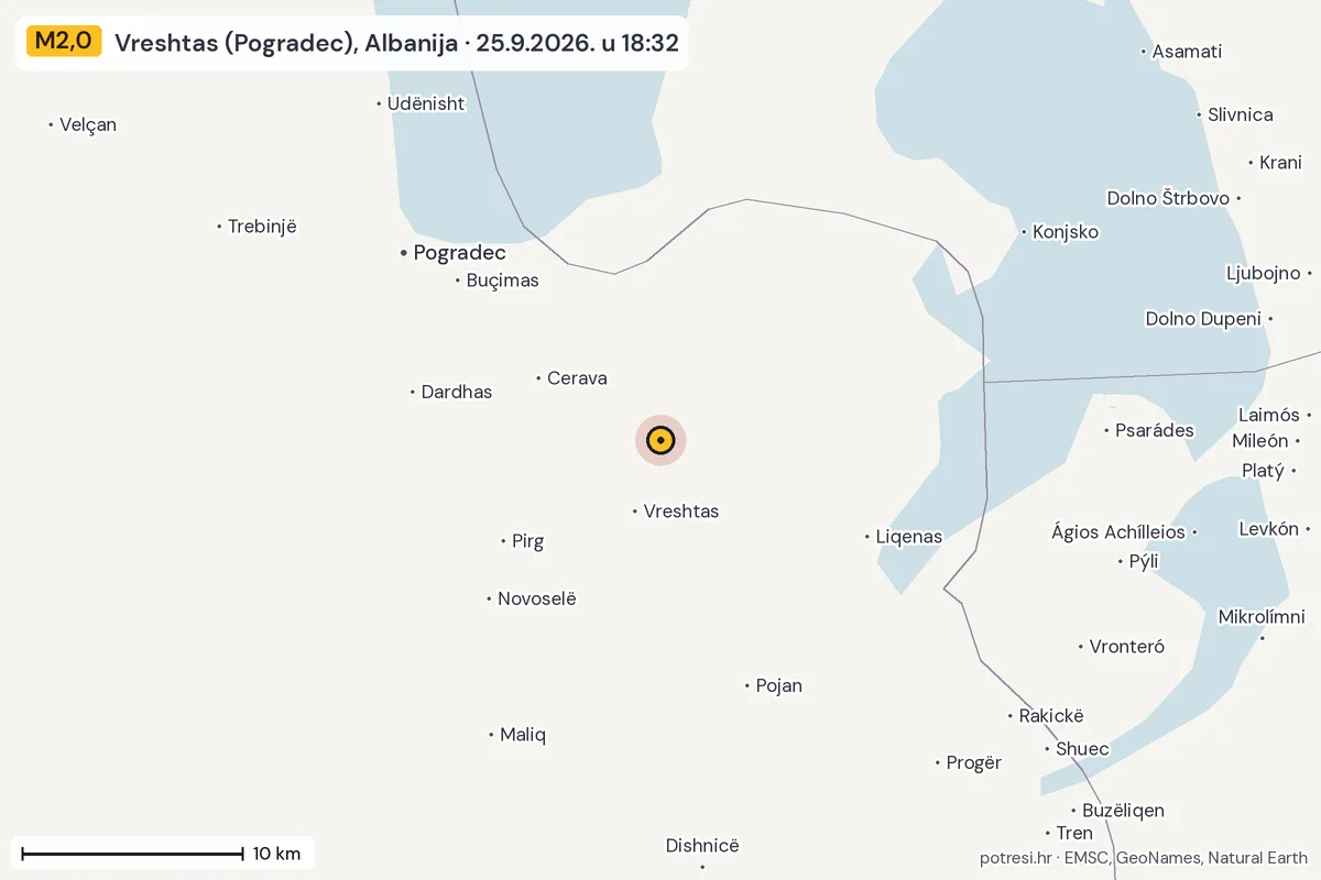 Karta: okolica epicentra, 60 km, potres M2,0, Vreshtas (Pogradec), Albanija, 25.9.2026.