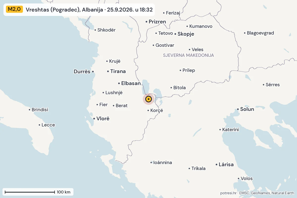 Karta: šire područje, 600 km, potres M2,0, Vreshtas (Pogradec), Albanija, 25.9.2026.