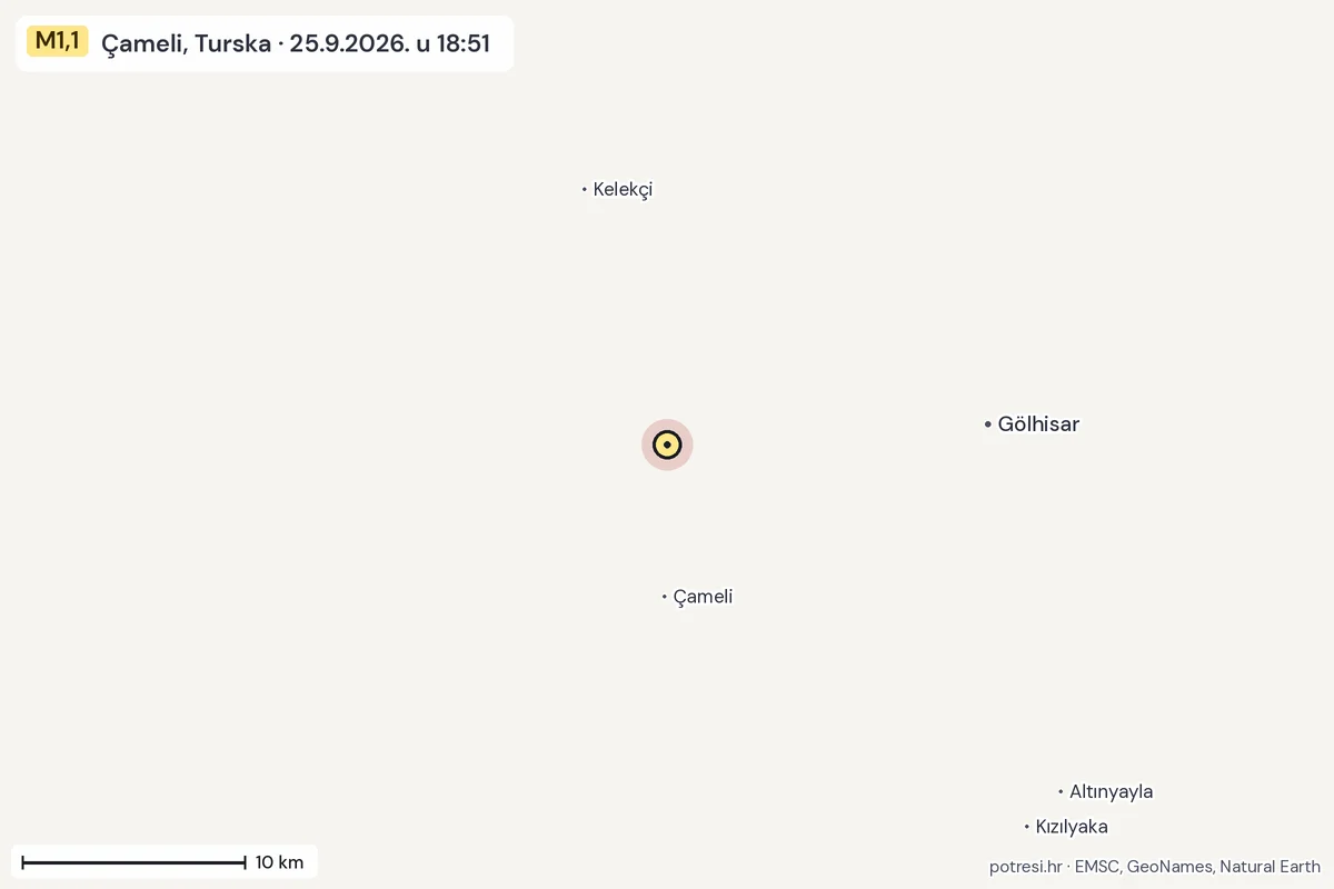 Karta: okolica epicentra, 60 km, potres M1,1, Çameli, Turska, 25.9.2026.