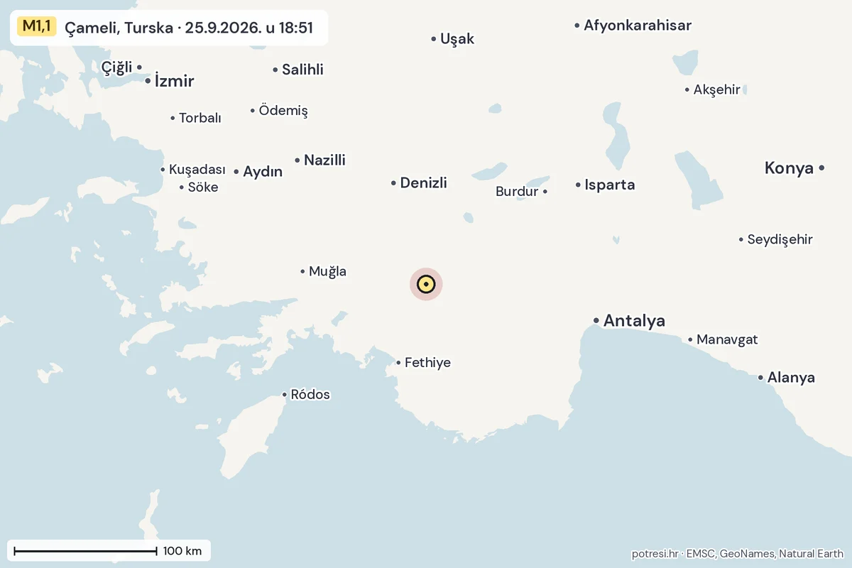 Karta: šire područje, 600 km, potres M1,1, Çameli, Turska, 25.9.2026.