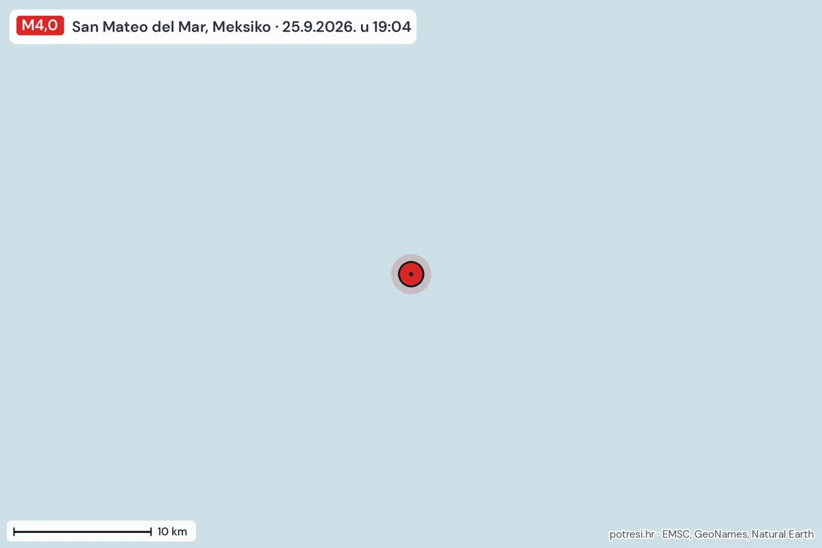 Karta: okolica epicentra, 60 km, potres M4,0, San Mateo del Mar, Meksiko, 25.9.2026.