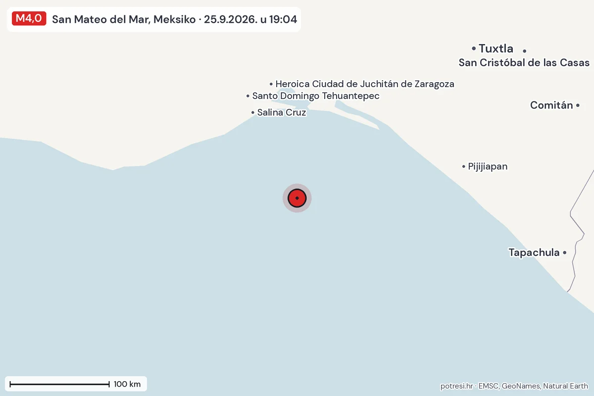 Karta: šire područje, 600 km, potres M4,0, San Mateo del Mar, Meksiko, 25.9.2026.