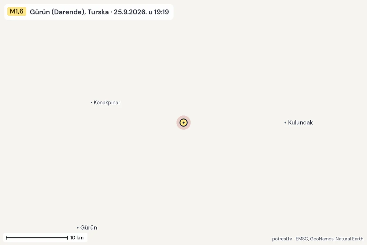 Karta: okolica epicentra, 60 km, potres M1,6, Gürün (Darende), Turska, 25.9.2026.