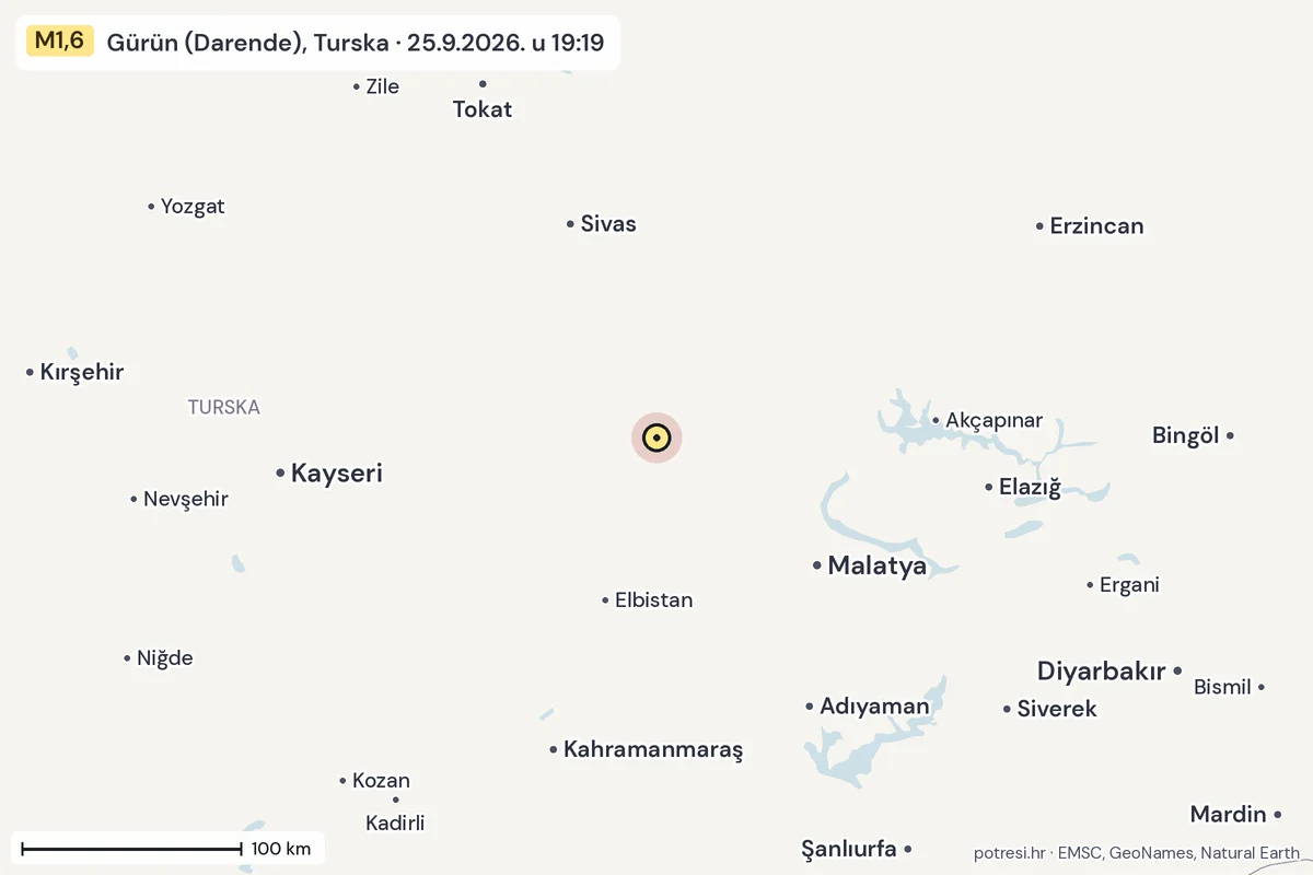 Karta: šire područje, 600 km, potres M1,6, Gürün (Darende), Turska, 25.9.2026.
