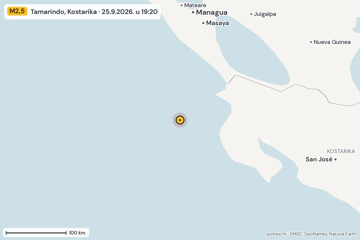 Karta: šire područje, 600 km, potres M2,5, Tamarindo, Kostarika, 25.9.2026.