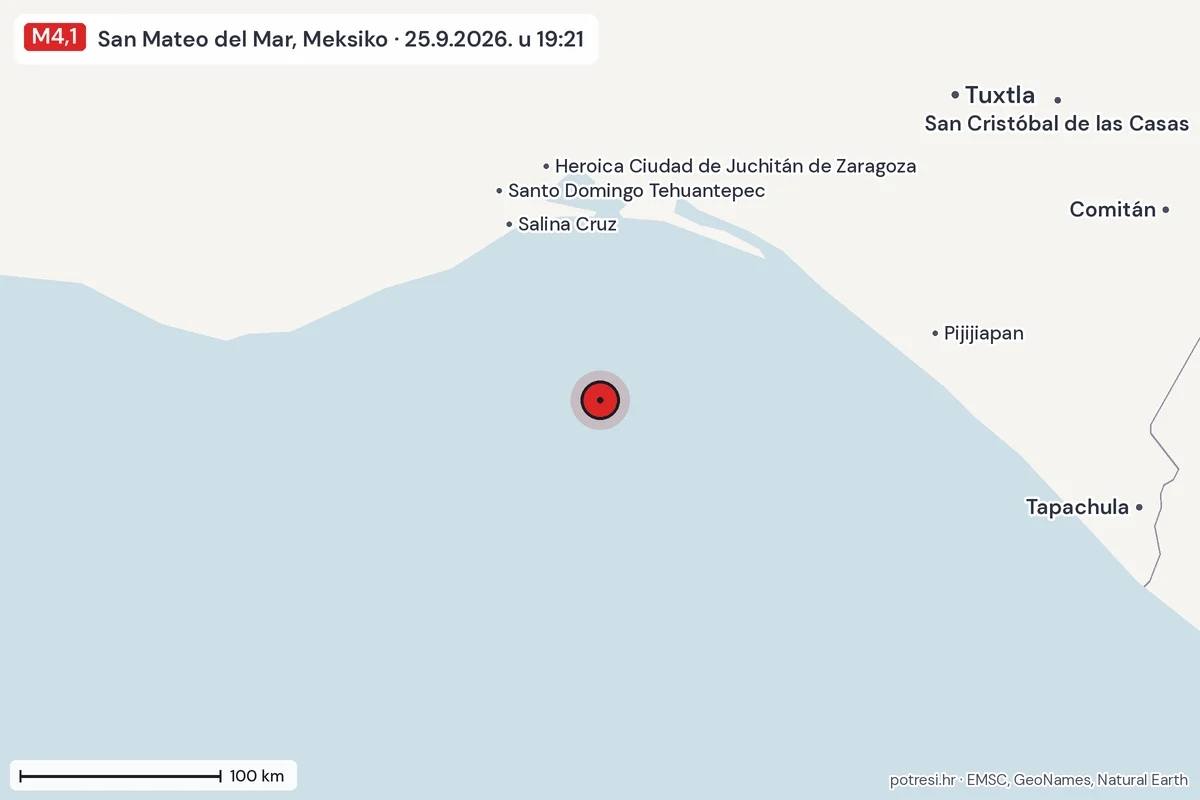 Karta: šire područje, 600 km, potres M4,1, San Mateo del Mar, Meksiko, 25.9.2026.