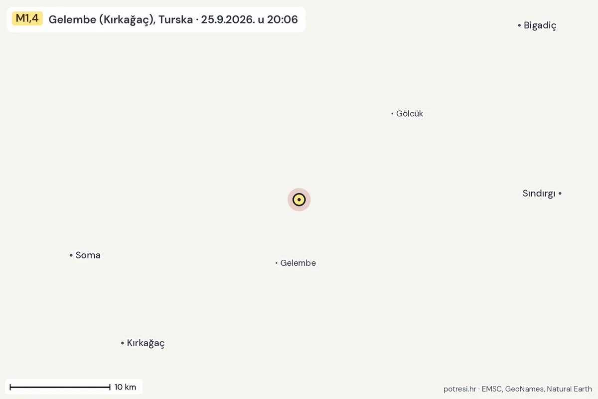 Karta: okolica epicentra, 60 km, potres M1,4, Gelembe (Kırkağaç), Turska, 25.9.2026.