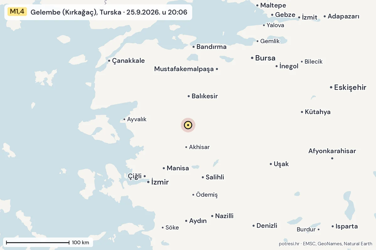 Karta: šire područje, 600 km, potres M1,4, Gelembe (Kırkağaç), Turska, 25.9.2026.