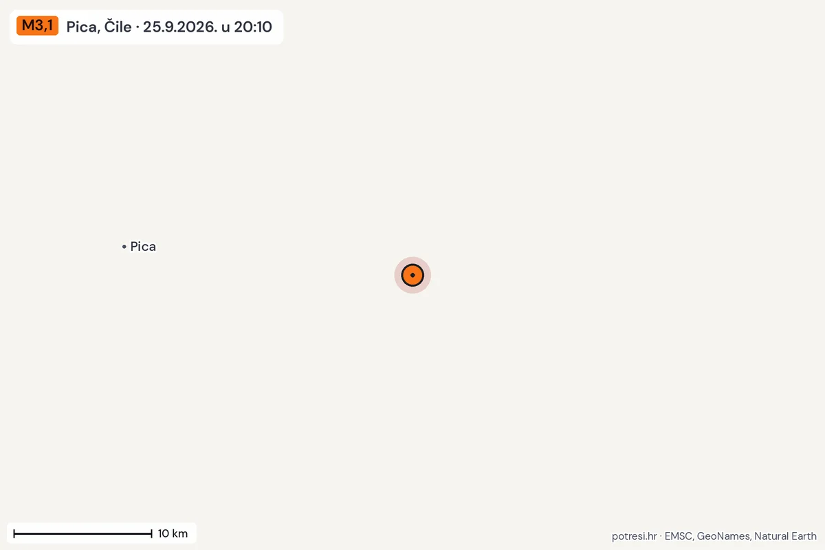 Karta: okolica epicentra, 60 km, potres M3,1, Pica, Čile, 25.9.2026.