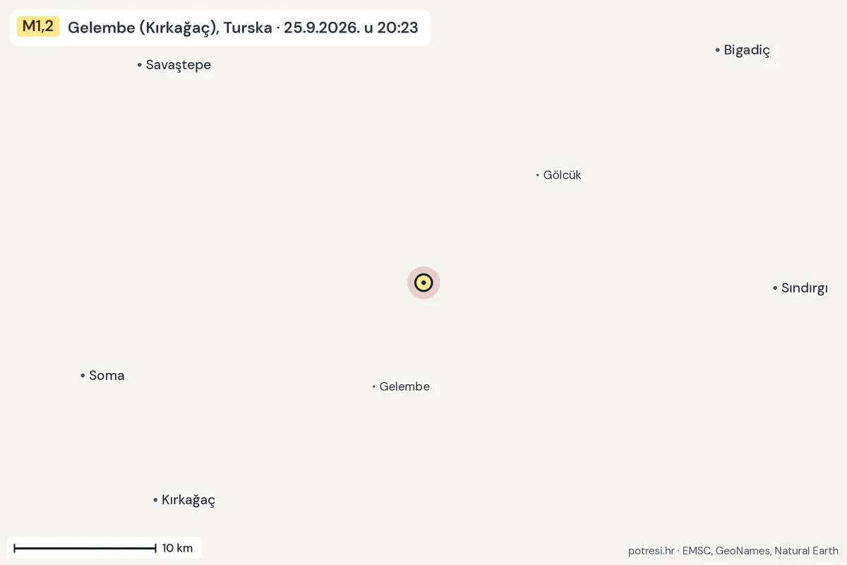 Karta: okolica epicentra, 60 km, potres M1,2, Gelembe (Kırkağaç), Turska, 25.9.2026.