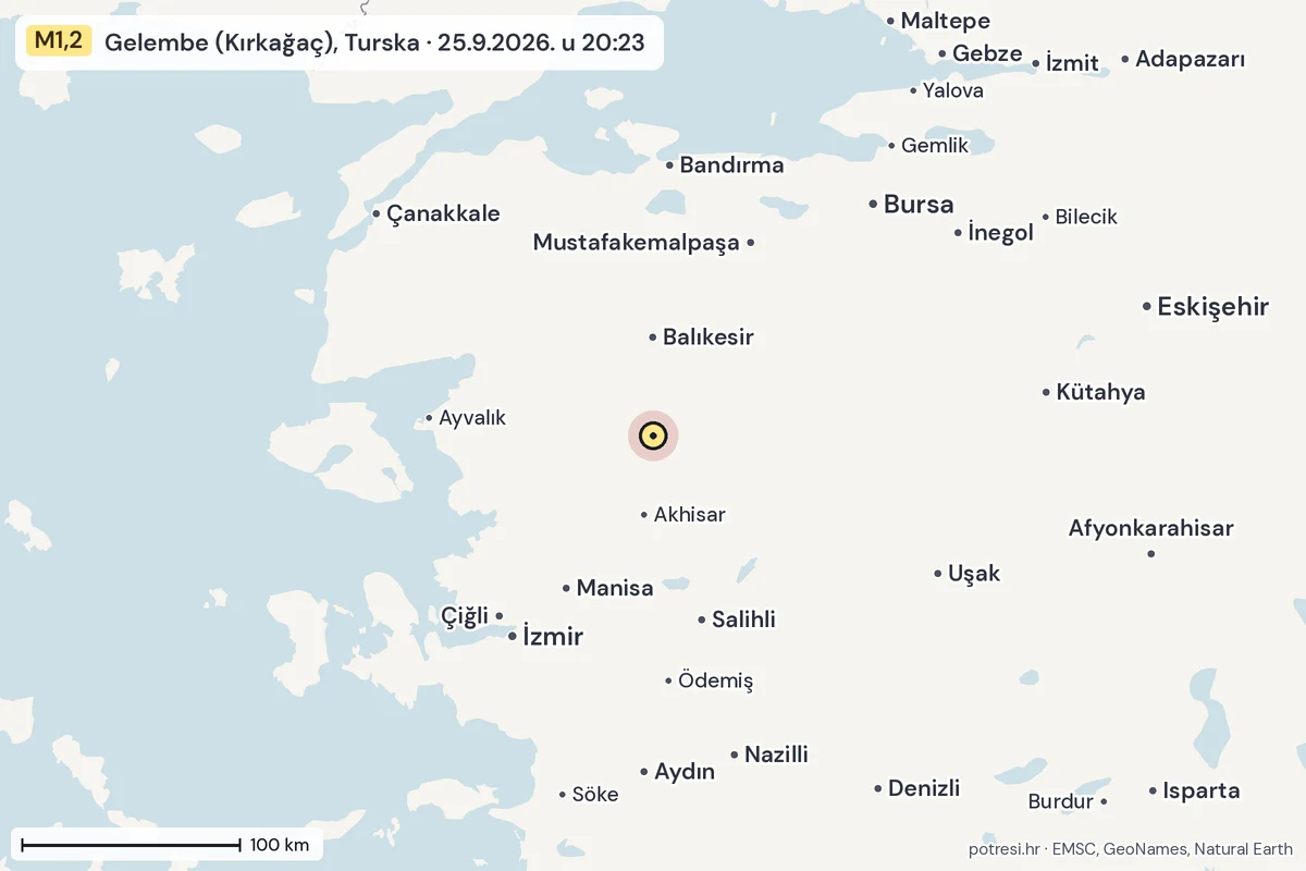 Karta: šire područje, 600 km, potres M1,2, Gelembe (Kırkağaç), Turska, 25.9.2026.