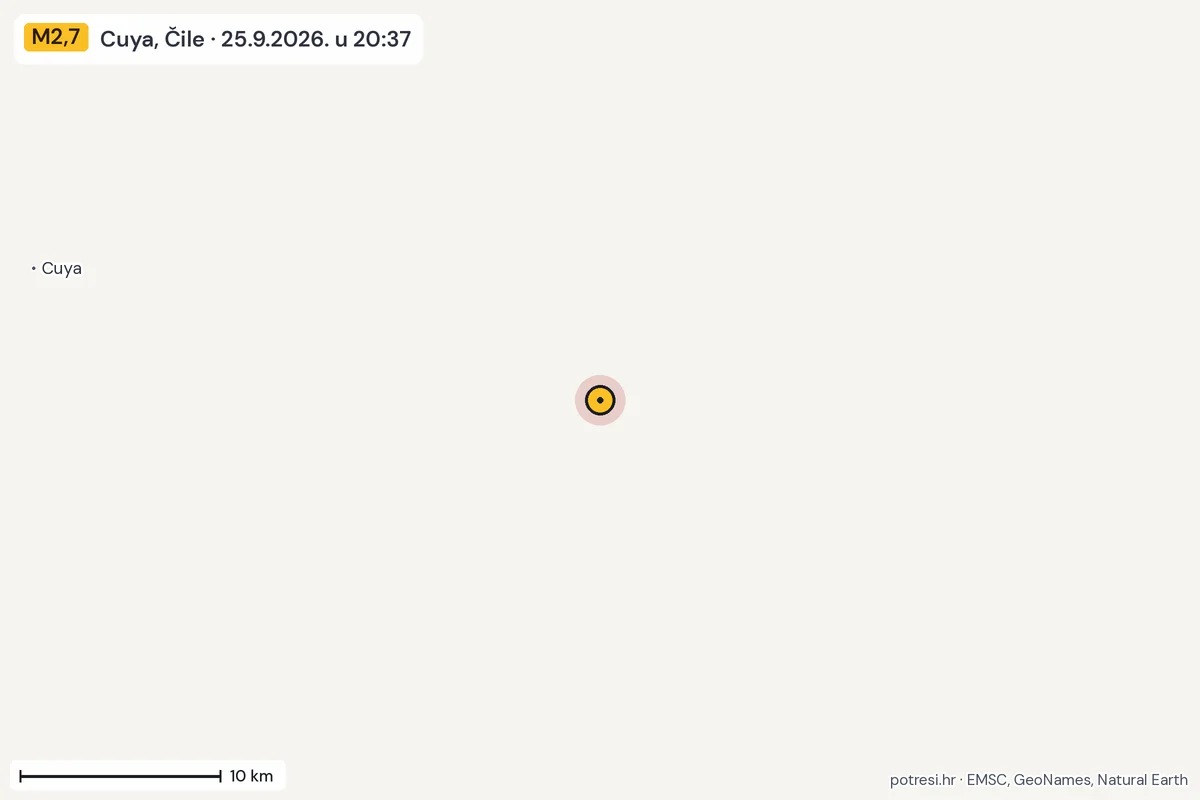 Karta: okolica epicentra, 60 km, potres M2,7, Cuya, Čile, 25.9.2026.