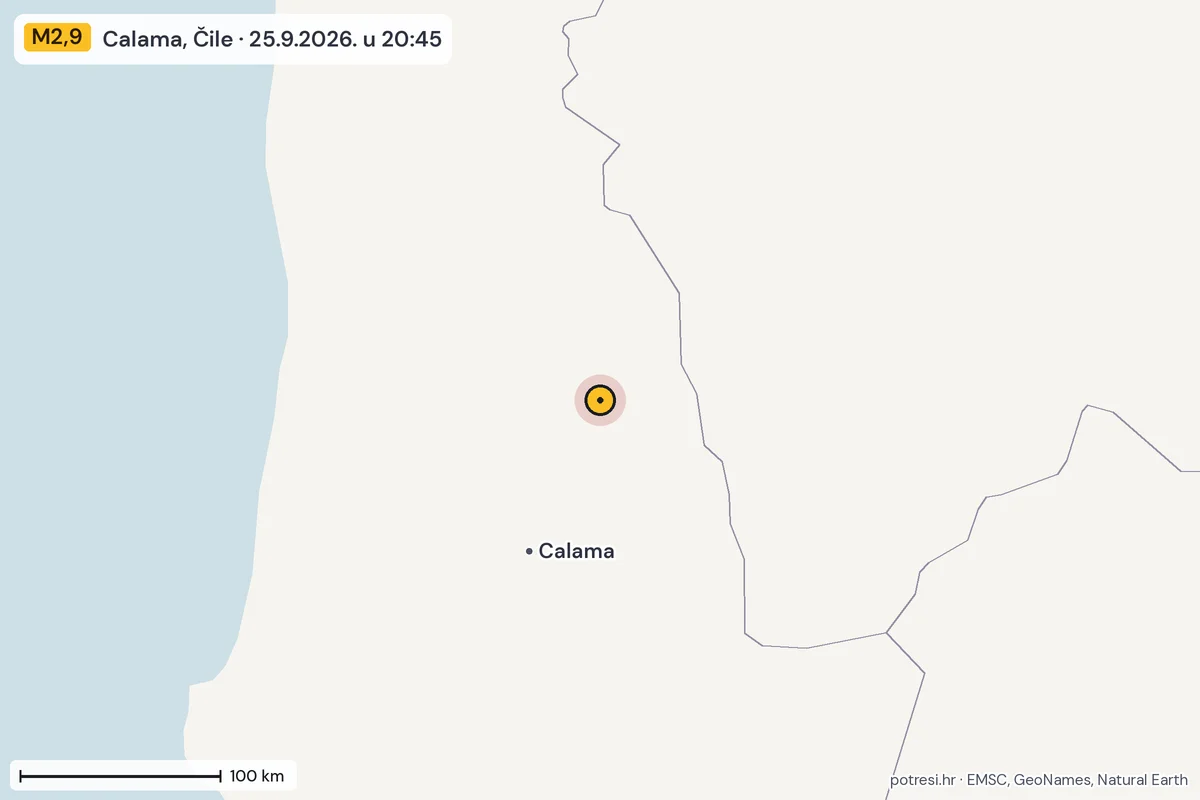 Karta: šire područje, 600 km, potres M2,9, Calama, Čile, 25.9.2026.