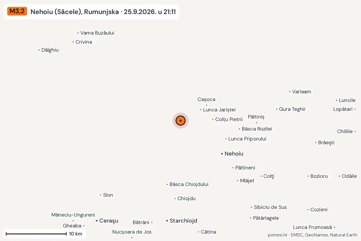 Karta: okolica epicentra, 60 km, potres M3,2, Nehoiu (Săcele), Rumunjska, 25.9.2026.