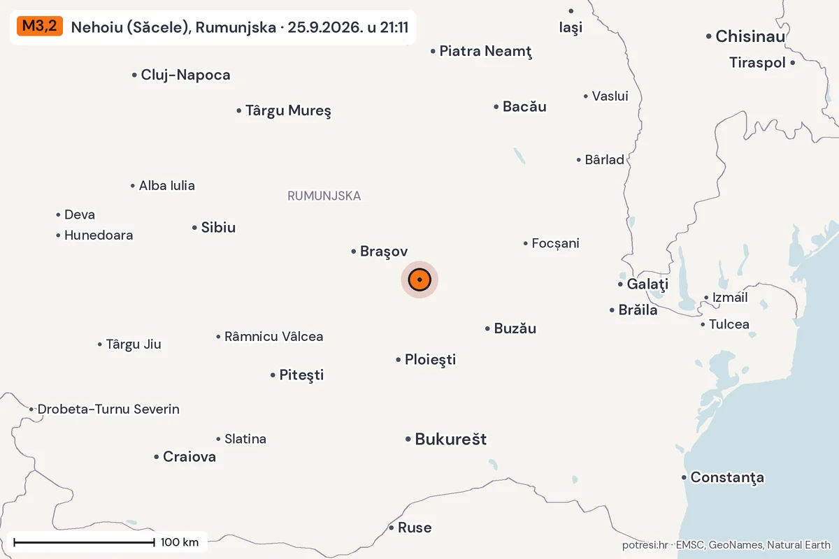 Karta: šire područje, 600 km, potres M3,2, Nehoiu (Săcele), Rumunjska, 25.9.2026.