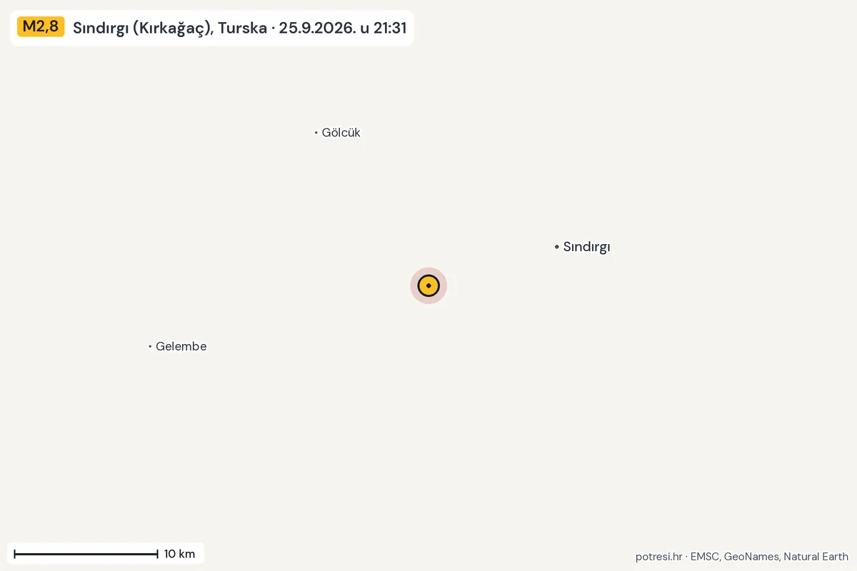 Karta: okolica epicentra, 60 km, potres M2,8, Sındırgı (Kırkağaç), Turska, 25.9.2026.