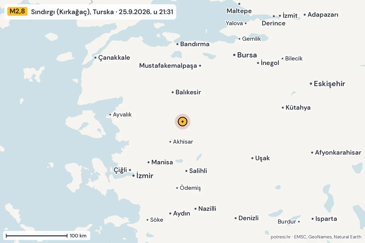 Karta: šire područje, 600 km, potres M2,8, Sındırgı (Kırkağaç), Turska, 25.9.2026.