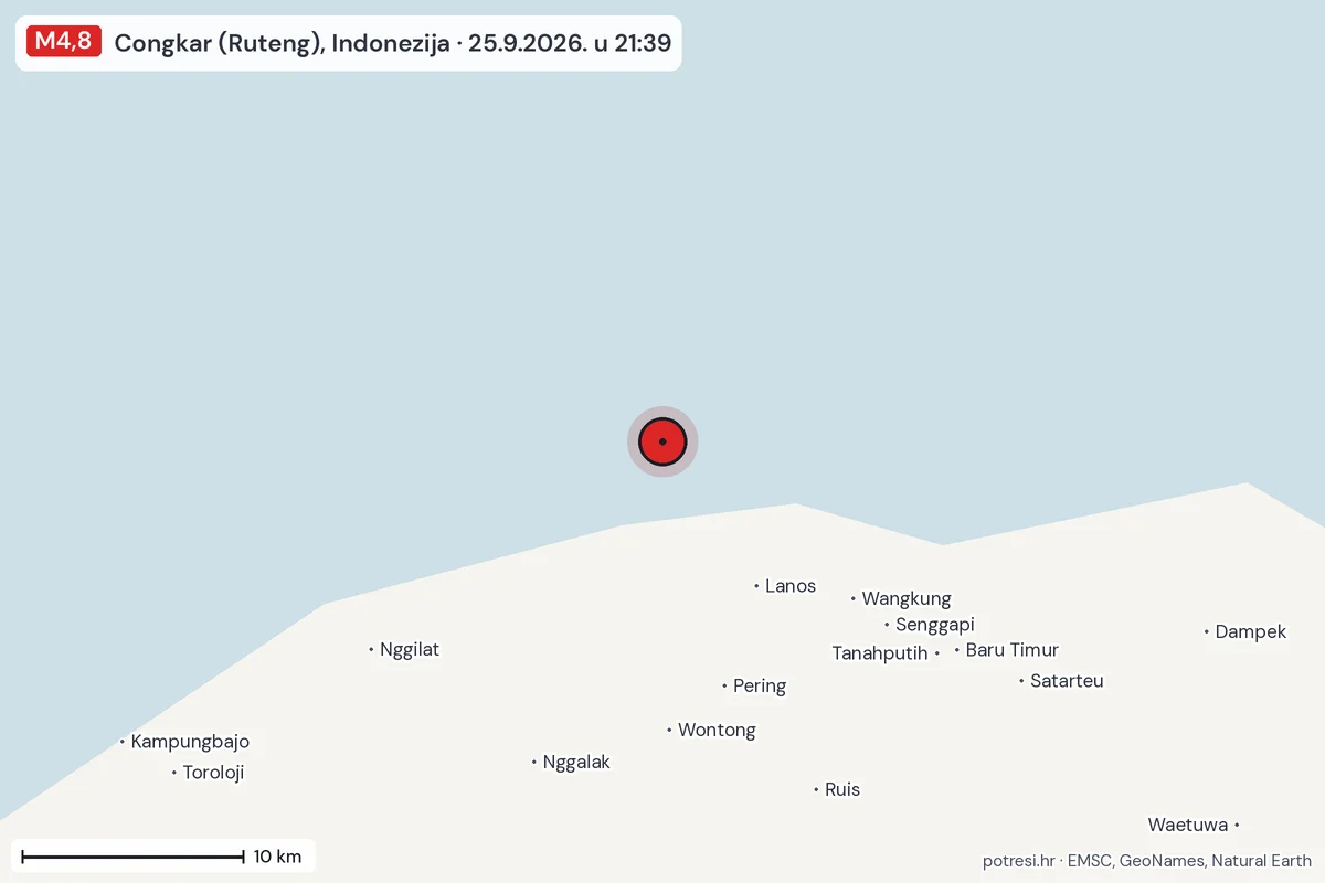 Karta: okolica epicentra, 60 km, potres M4,8, Congkar (Ruteng), Indonezija, 25.9.2026.