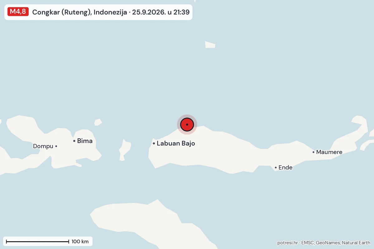 Karta: šire područje, 600 km, potres M4,8, Congkar (Ruteng), Indonezija, 25.9.2026.
