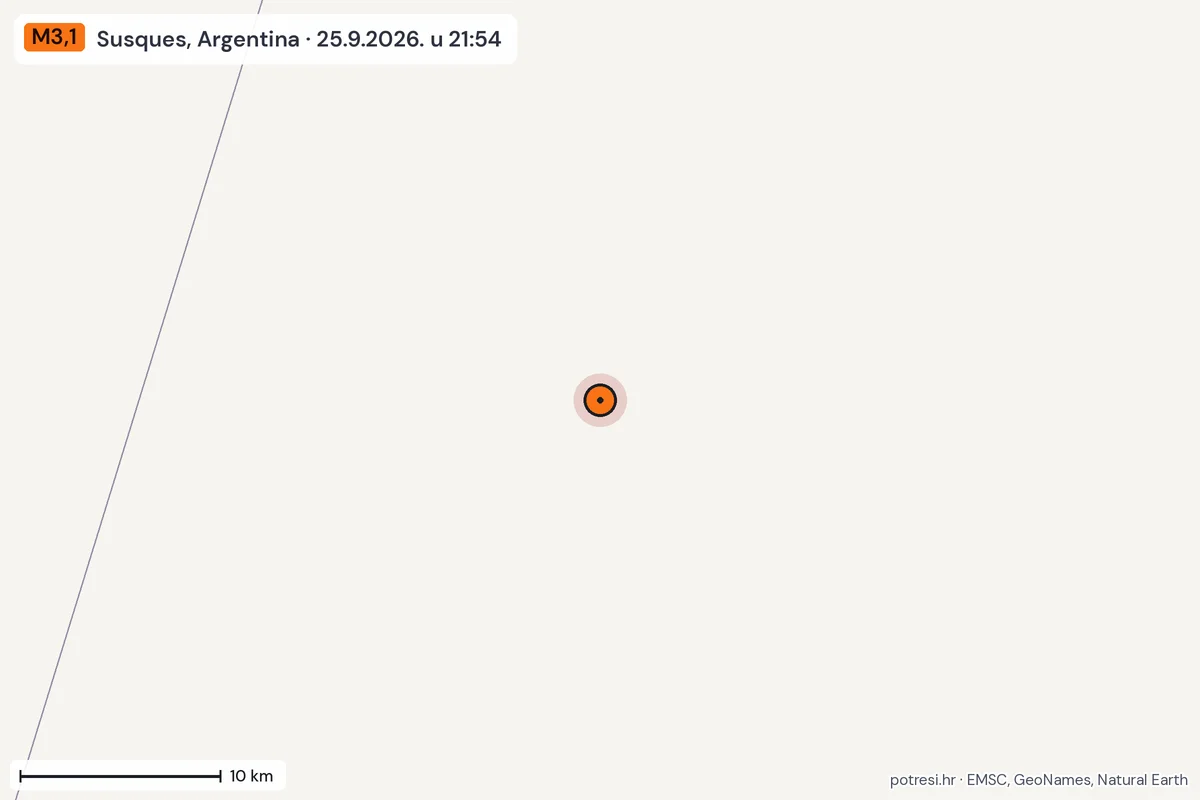 Karta: okolica epicentra, 60 km, potres M3,1, Susques, Argentina, 25.9.2026.