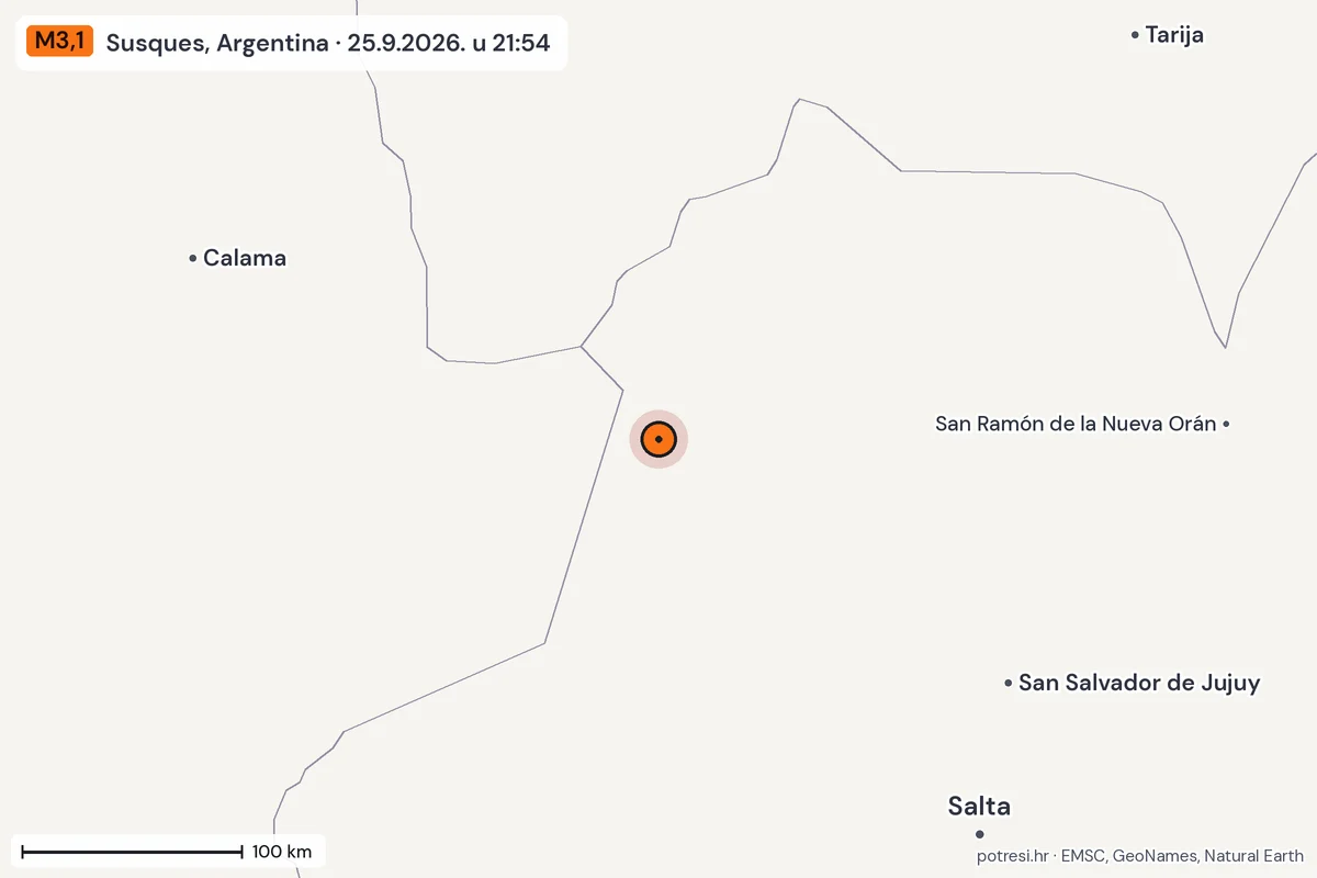 Karta: šire područje, 600 km, potres M3,1, Susques, Argentina, 25.9.2026.