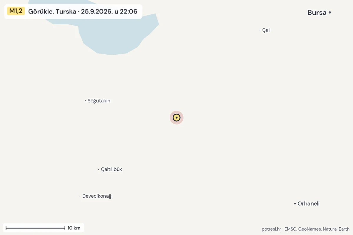 Karta: okolica epicentra, 60 km, potres M1,2, Görükle, Turska, 25.9.2026.