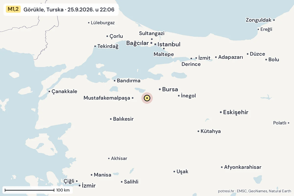 Karta: šire područje, 600 km, potres M1,2, Görükle, Turska, 25.9.2026.