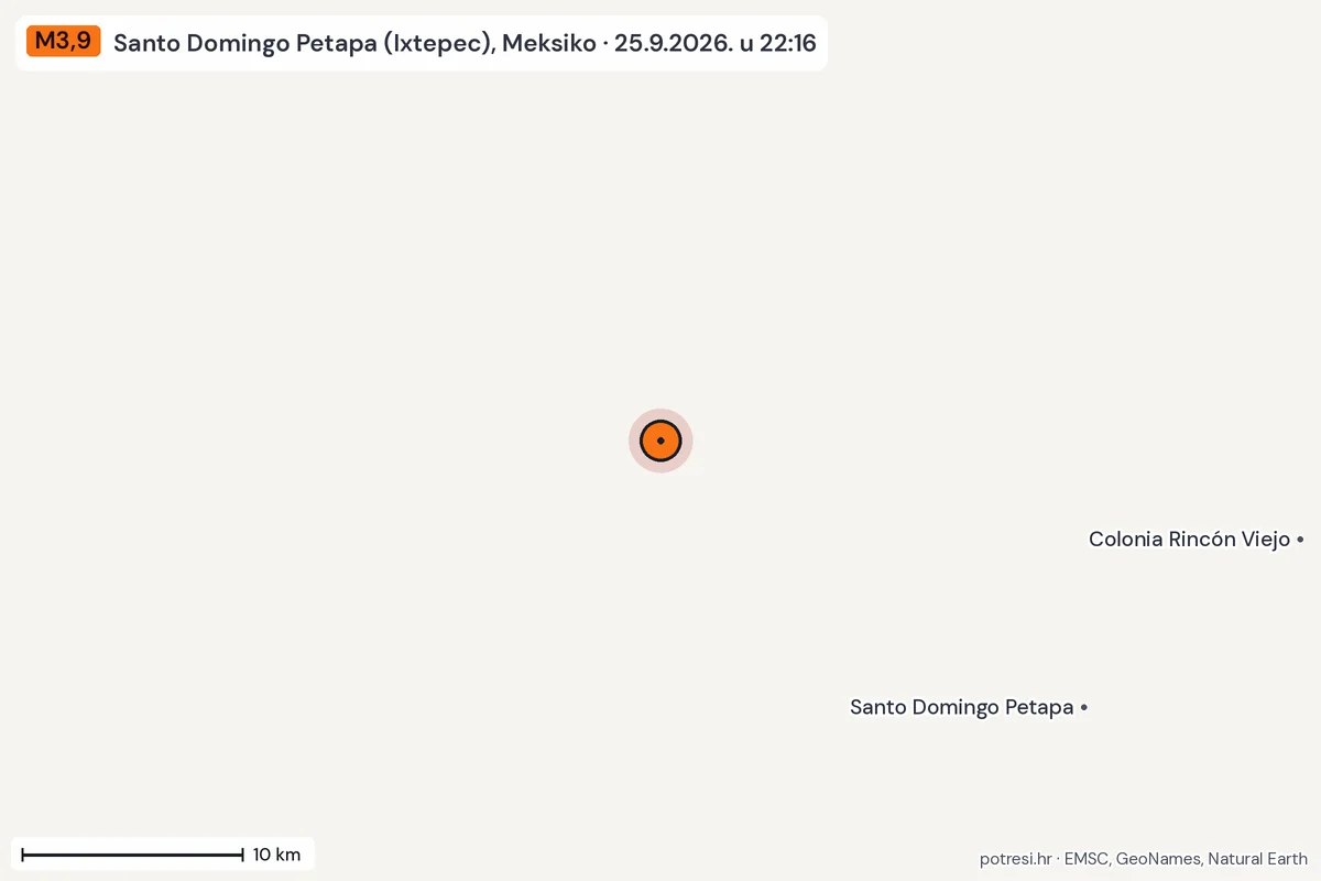 Karta: okolica epicentra, 60 km, potres M3,9, Santo Domingo Petapa (Ixtepec), Meksiko, 25.9.2026.
