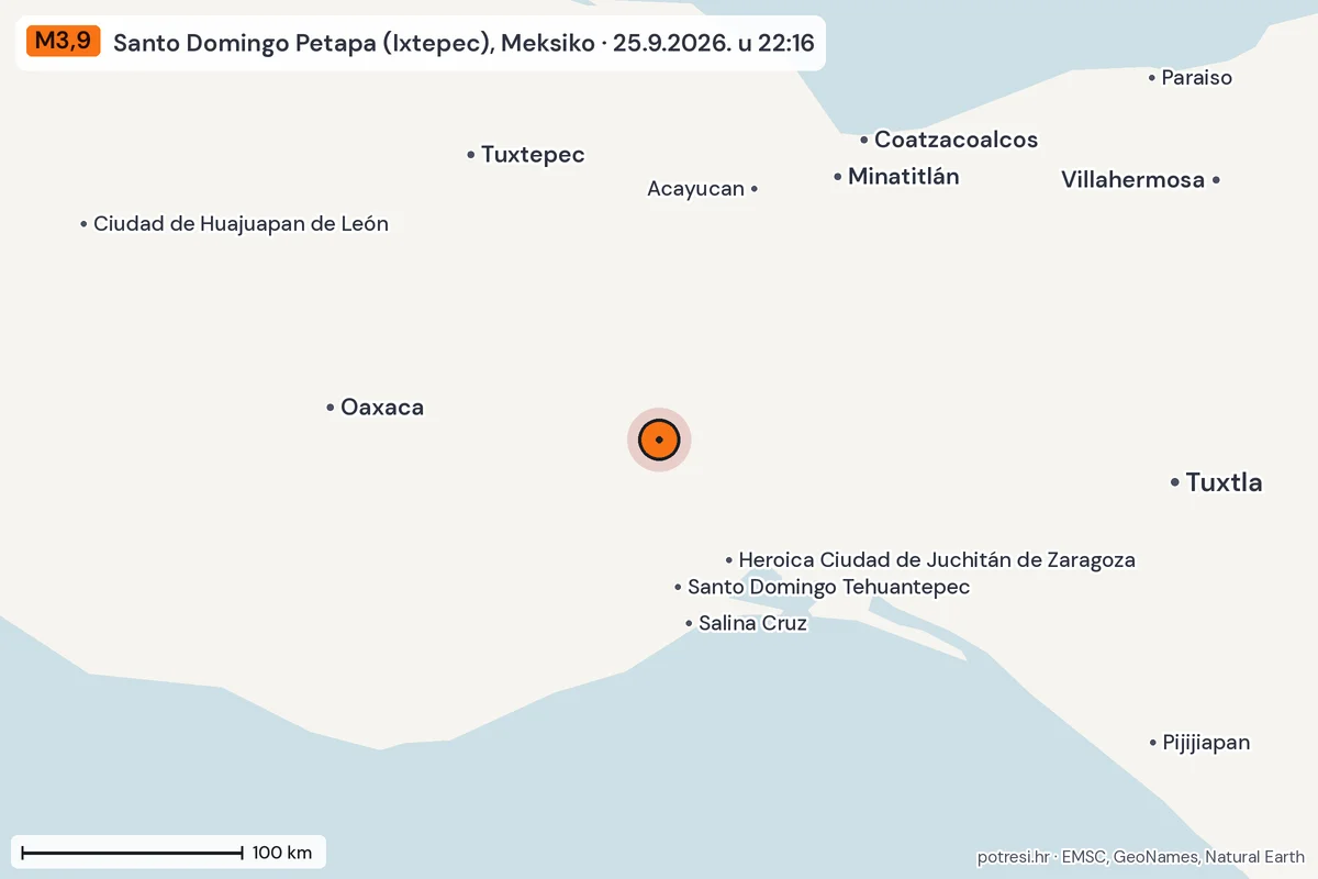 Karta: šire područje, 600 km, potres M3,9, Santo Domingo Petapa (Ixtepec), Meksiko, 25.9.2026.