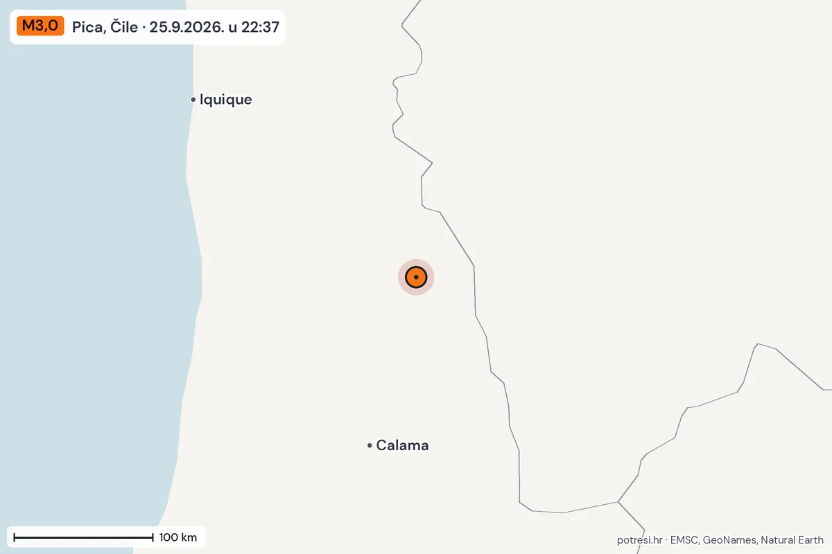 Karta: šire područje, 600 km, potres M3,0, Pica, Čile, 25.9.2026.